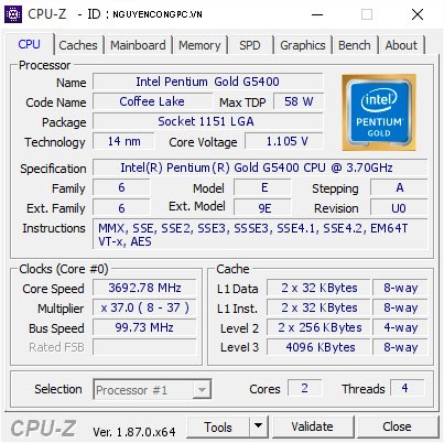 CPU Intel Pentium Gold G5400 (3.70GHz, 4M, 2 Cores 4 Threads) - Đã Qua Sử Dụng, Không Kèm Fan