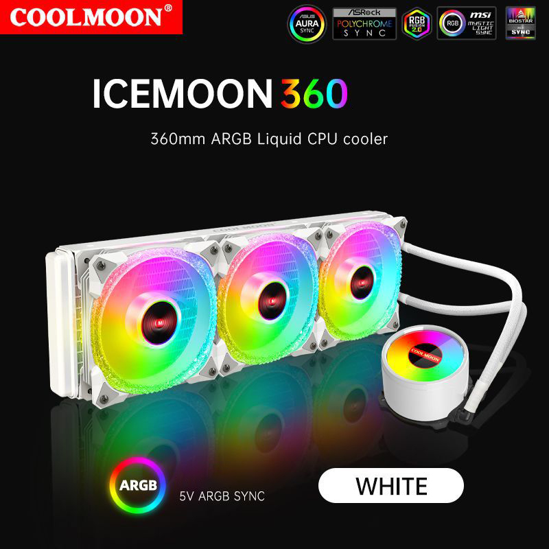 Tản Nhiệt Nước All in One Coolmoon ICEMOON 360 Màu Trắng - Led Argb Tự Động Đổi Màu / Đồng Bộ Hub Coolmoon / Mainboard