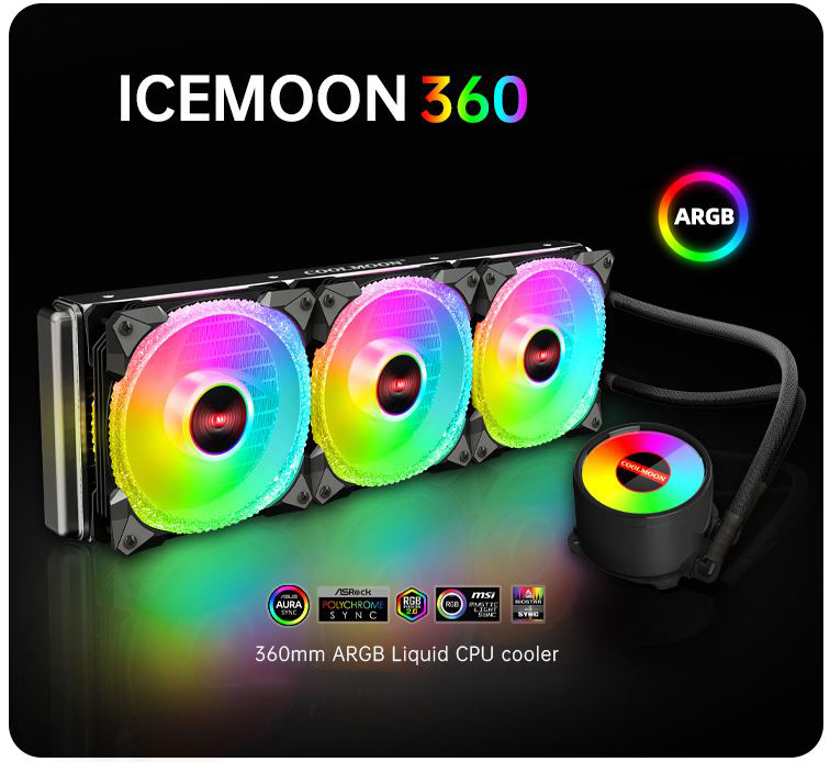 Tản Nhiệt Nước All in One Coolmoon ICEMOON 360 Màu Đen - Led Argb Tự Động Đổi Màu / Đồng Bộ Hub Coolmoon / Mainboard