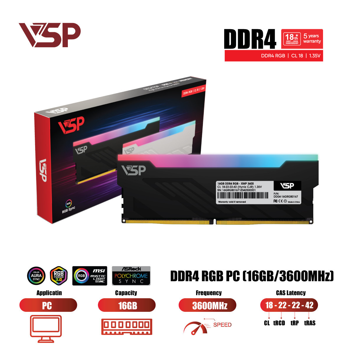 Ram VSP DDR4 16GB (1x16GB) DDR4 3200MHz Led RGB