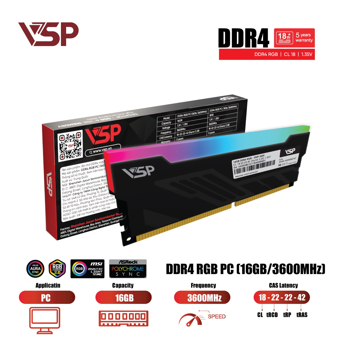 Ram VSP DDR4 16GB (1x16GB) DDR4 3200MHz Led RGB