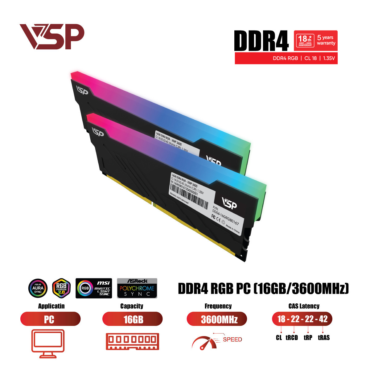 Ram VSP DDR4 16GB (1x16GB) DDR4 3200MHz Led RGB