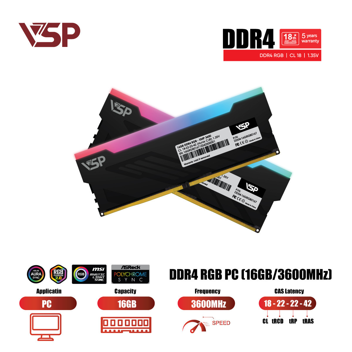 Ram VSP DDR4 16GB (1x16GB) DDR4 3200MHz Led RGB