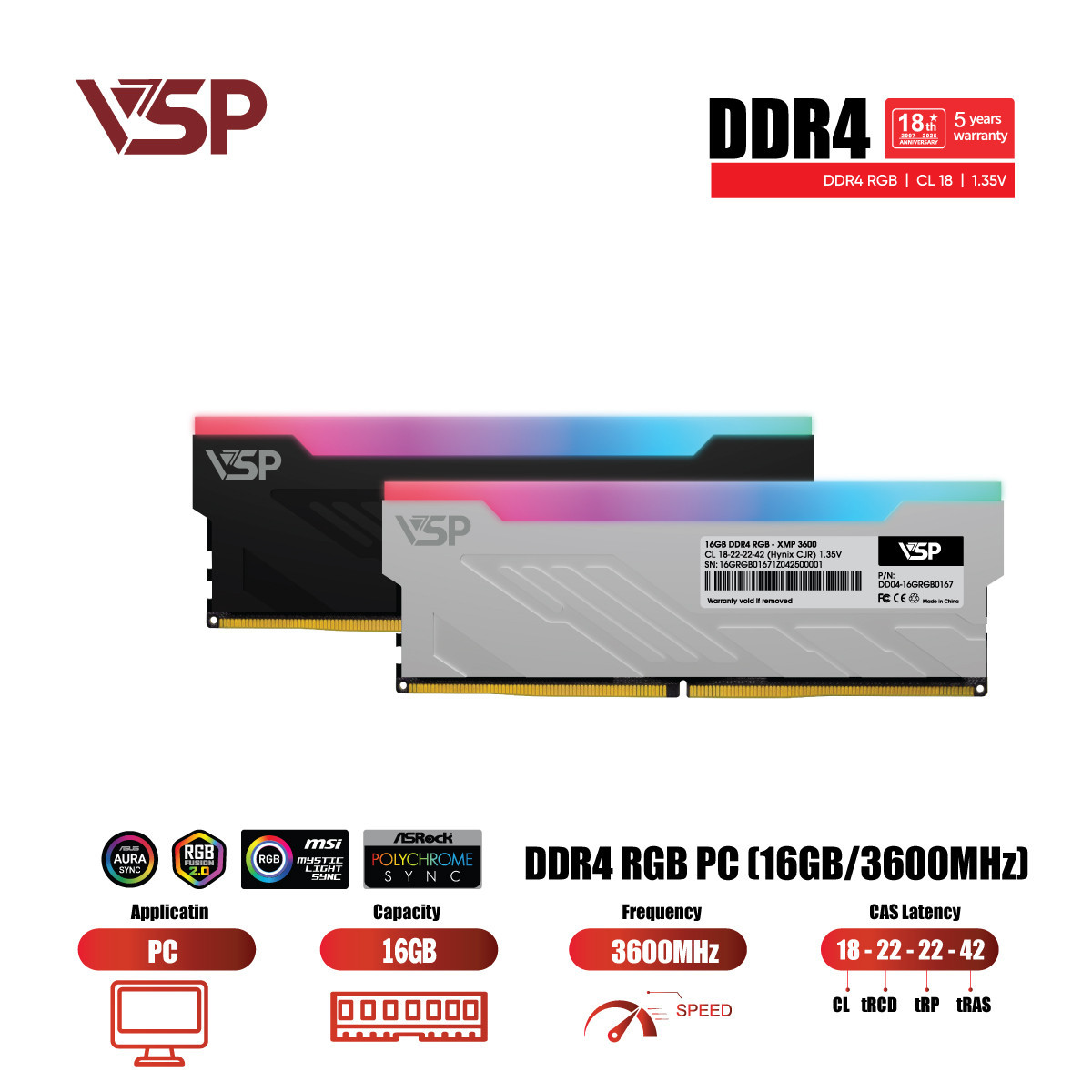 Ram VSP DDR4 16GB (1x16GB) DDR4 3200MHz Led RGB