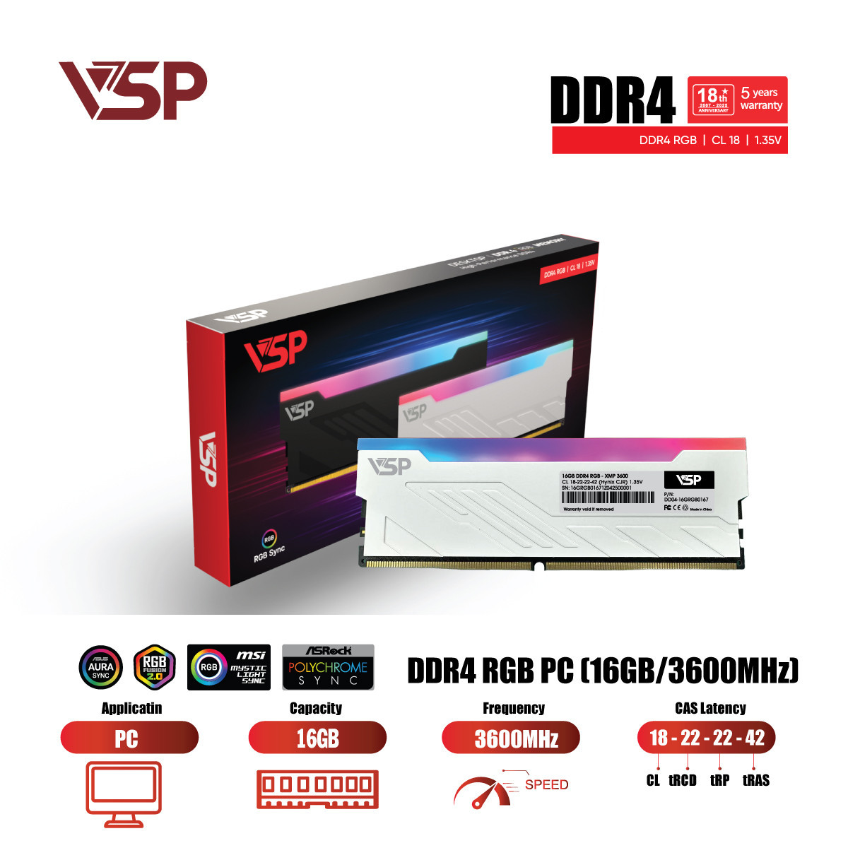 Ram VSP DDR4 16GB (1x16GB) DDR4 3200MHz Led RGB