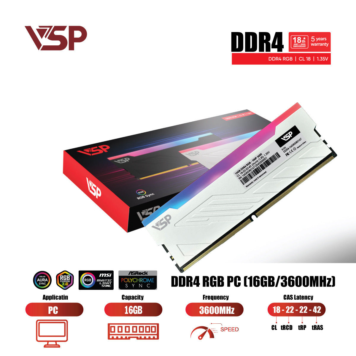 Ram VSP DDR4 16GB (1x16GB) DDR4 3200MHz Led RGB