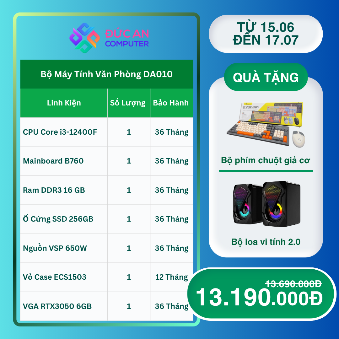 Case Máy Chơi Game DAPC010 (B760, Intel Core i5, Ram 16GB, VGA GTX3050)
