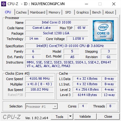 CPU intel Core i3-10100 - (Tray, Cũ)