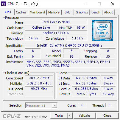 CPU Intel Core i5-9400 (Tray, Cũ)