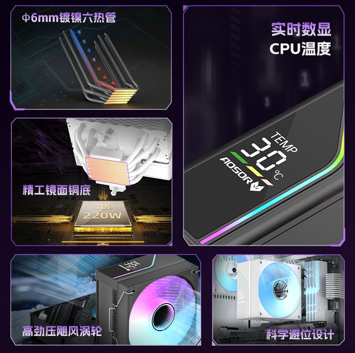 Tản Nhiệt Khí Coolmoon Aosor T6 Digital Led ARGB (6 Ống Đồng) - Hiển Thị Nhiệt Độ